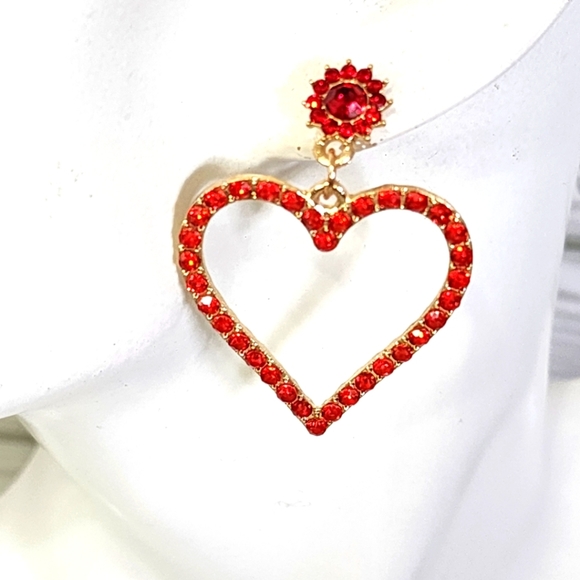 Gold with Red Crystal Stones Heart Post Earrings New - Picture 5 of 7